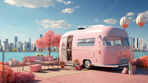 b'pink retro camper van parked by the water with a city skyline in the background' © duyina1990