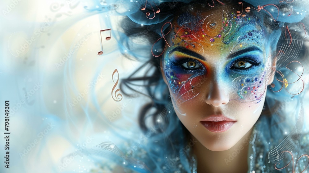 b'A woman with colorful makeup and a musical theme.' b'A woman with colorful makeup and a musical theme.'