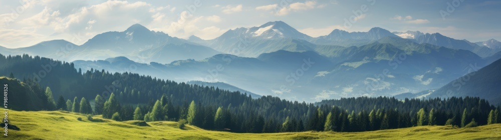 a green field with trees and mountains in the background