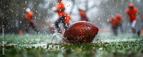 Closeup of a waterlogged football on a rainsoaked field, with players sprinting in the background, emphasizing harsh weather play photo