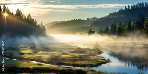 a river with fog and trees in the background