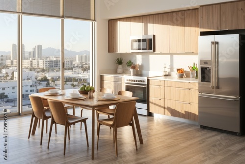 b A modern kitchen with a dining table and a view of the city 