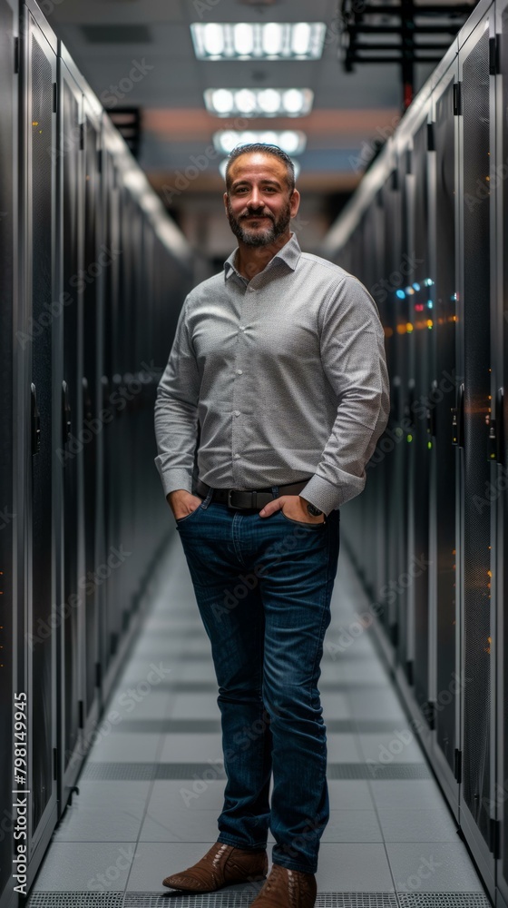 Fototapeta premium b'Middle Eastern man standing in a data center'