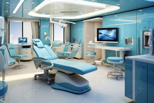b The interior of a modern dental clinic with blue walls and white accents 
