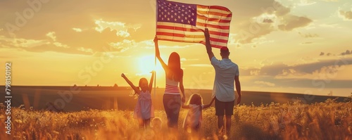 Family silhouetted against sunset holding American flag. Golden hour photography with copy space