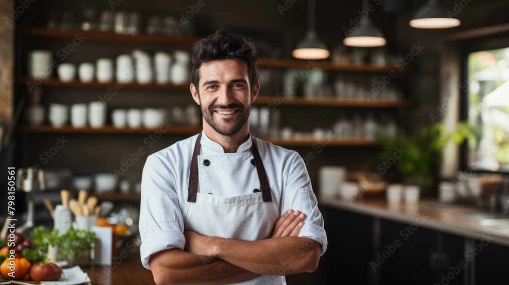 b'Portrait of a male chef smiling in a commercial kitchen'