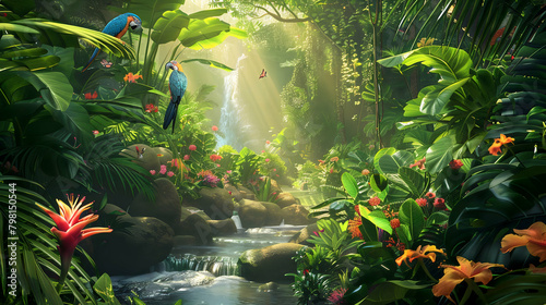 Tropical Paradise with Exotic Birds and Flora 