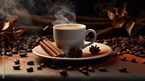 a cup of coffee with steam and cinnamon sticks on a plate