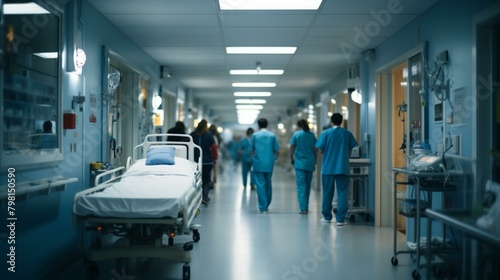 b'A group of doctors and nurses walk down a hospital hallway' photo