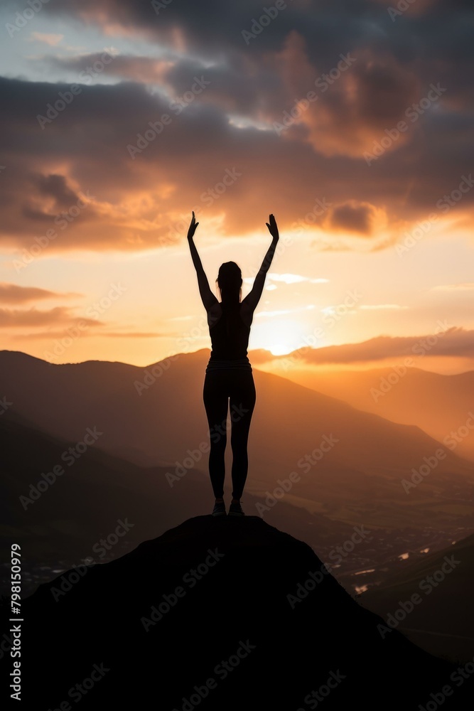 b'woman standing on a mountaintop with her arms raised in the air as the sun sets' b'woman standing on a mountaintop with her arms raised in the air as the sun sets'