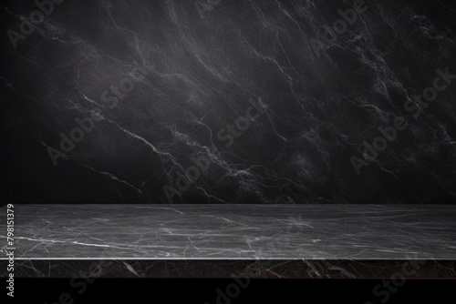 Closeup of black marble empty table on black kitchen wall background © hdesert