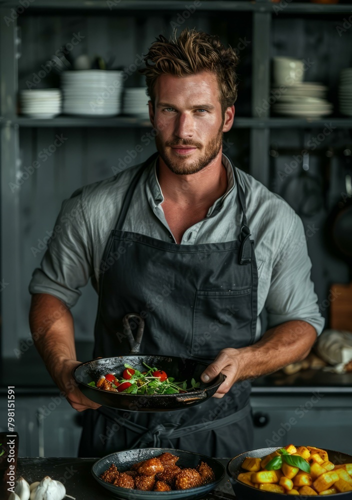 b'Blue-eyed male chef in apron holding plate of food in kitchen' b'Blue-eyed male chef in apron holding plate of food in kitchen'