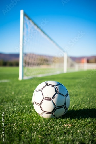 b A soccer ball sits on the grass in front of an empty soccer goal. 