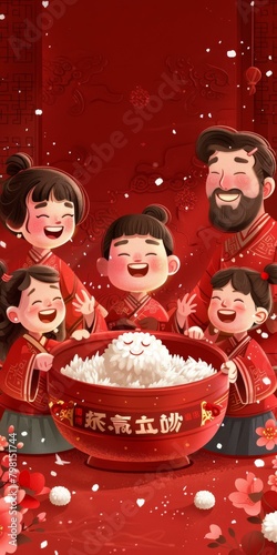 b'A family of five is happily celebrating the Spring Festival'