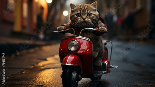 b'A ginger cat rides a red scooter down a wet street' photo