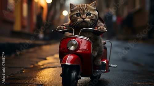 b'A ginger cat rides a red scooter down a wet street'
