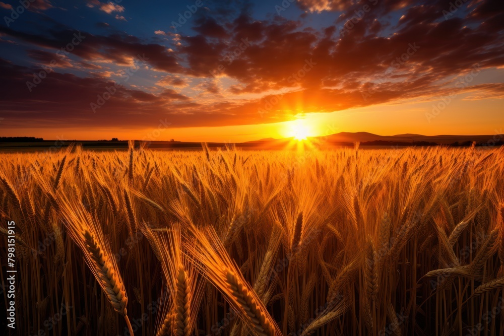 a field of wheat with the sun setting behind it