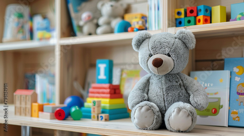 A charming gray teddy bear perched on a wooden shelf surrounded by books blocks and educational toys encouraging cognitive development and early learning skills in a cozy and inviting playroom.