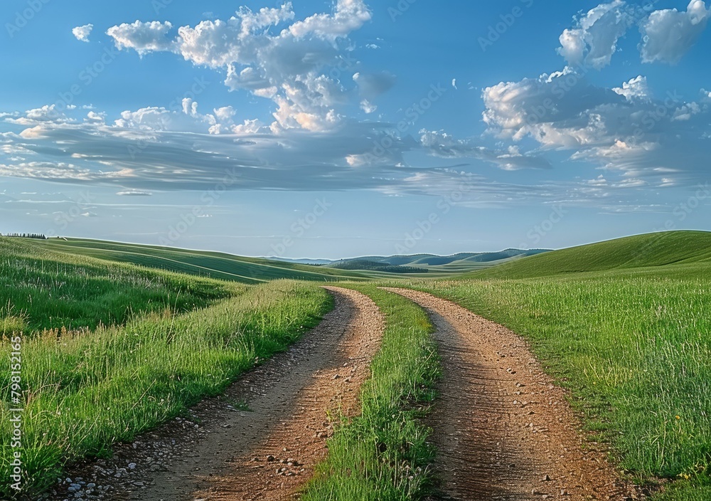 b'Dirt road through a lush green field'