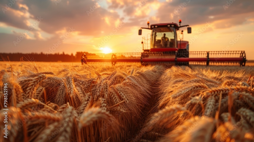 Fototapeta premium b'Tractor Harvesting Golden Wheat Field at Sunset'