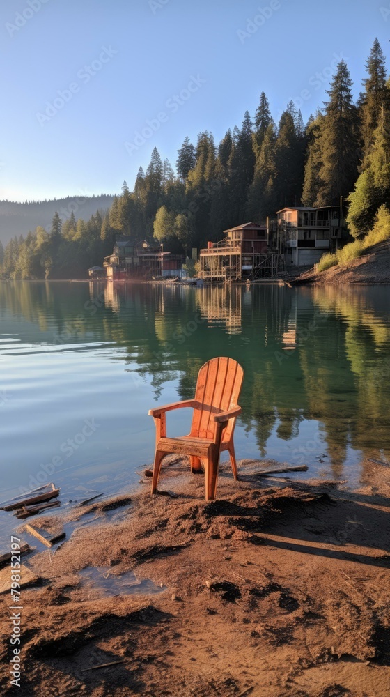 b'An orange wooden chair sits on the shore of a lake with a forest of green trees behind it'