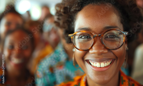 smiling woman with glasses enjoying a festive event with a diverse crowd