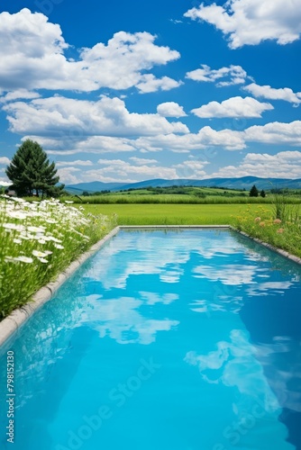 b Modern minimalist outdoor swimming pool with beautiful mountain and meadow views 