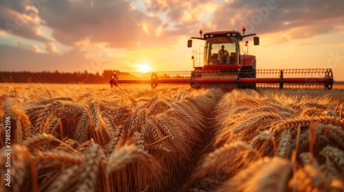 b'Tractor Harvesting Golden Wheat Field at Sunset'