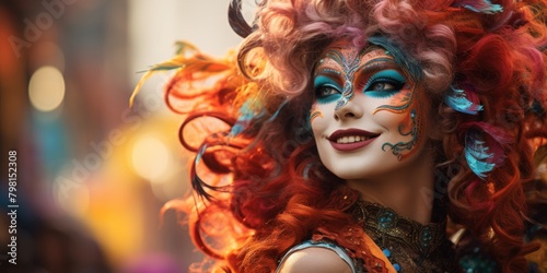 a woman with orange and blue makeup