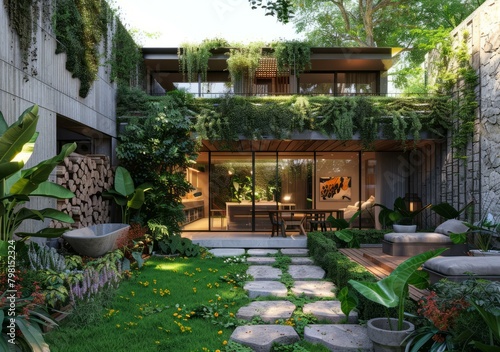 b'Courtyard house with lush garden'