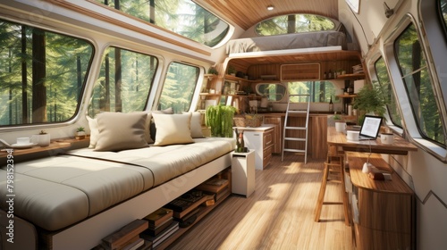 b A cozy living space in a camper van with large windows and a warm  inviting interior 