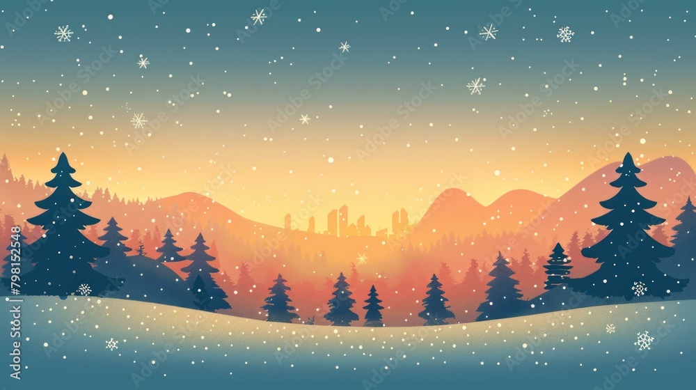 b'Snowy mountain landscape with pine trees and setting sun' b'Snowy mountain landscape with pine trees and setting sun'