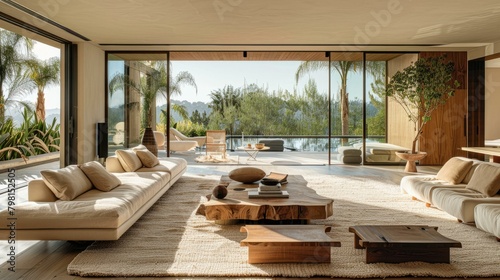 b'Modern living room interior with large glass windows and a view of the tropical landscape' © duyina1990