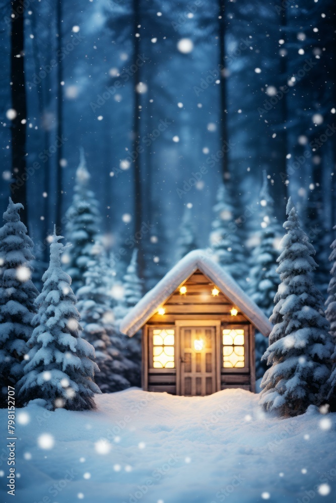 Naklejka premium b'A cozy wooden cabin nestled in a snowy forest with snow-covered fir trees all around'