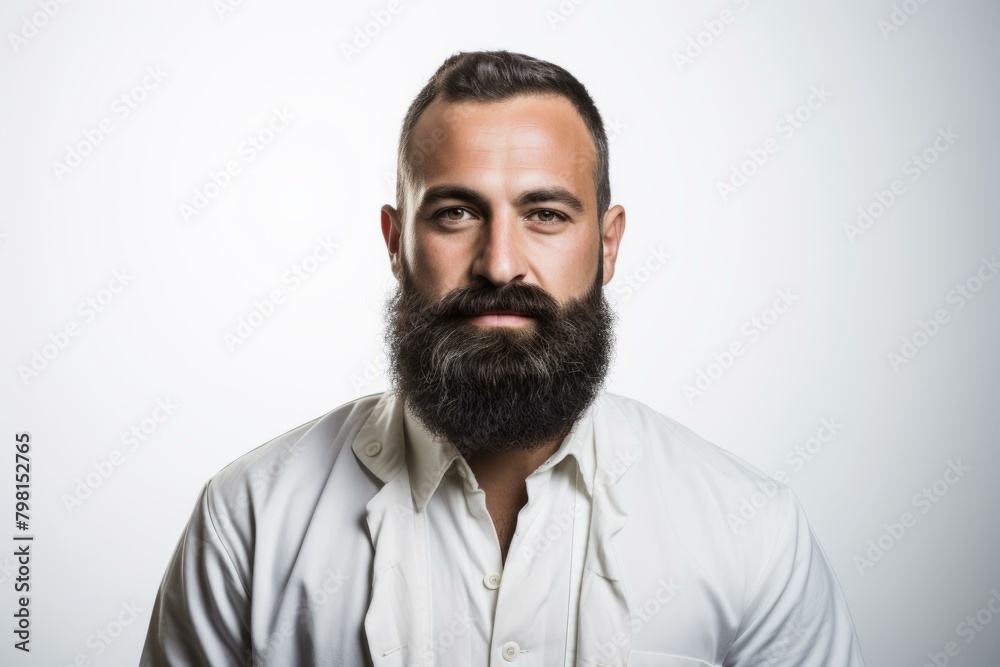 b'Bearded man in white coat looking at camera' b'Bearded man in white coat looking at camera'