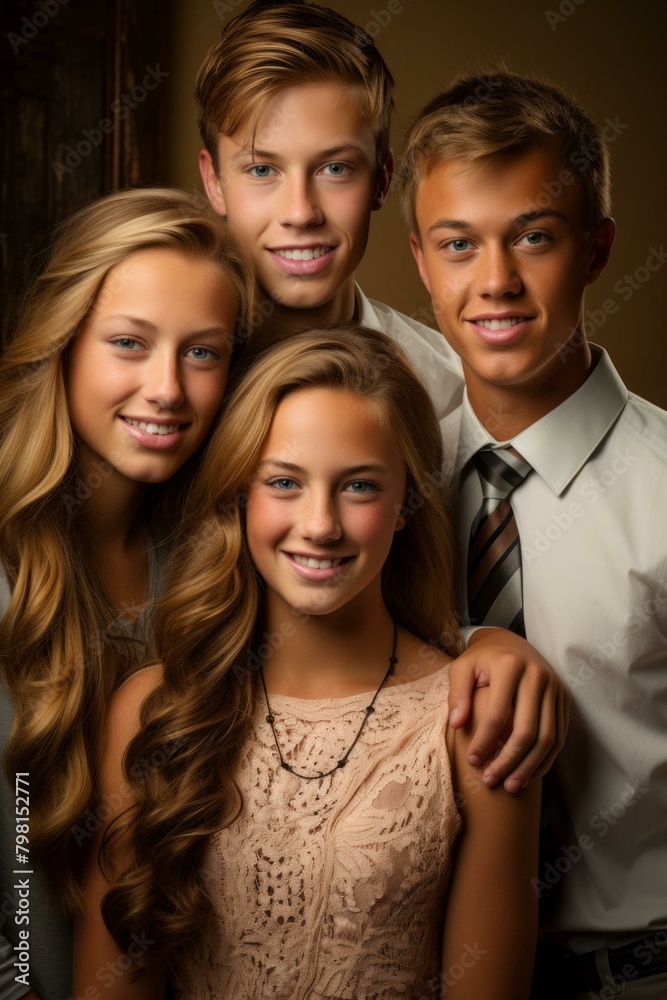 b'Portrait of four happy teenage siblings' b'Portrait of four happy teenage siblings'