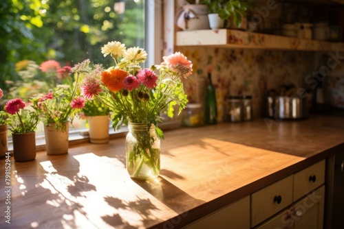 b A beautiful bouquet of flowers sitting on a kitchen counter 