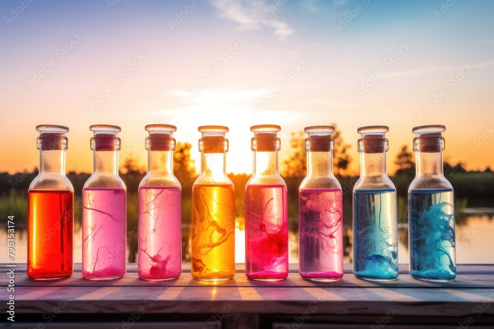a row of bottles with colorful liquid in them a row of bottles with colorful liquid in them