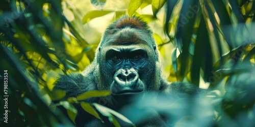 b A gorilla stares out from the jungle foliage. 