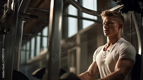 b'Young male weightlifter in white shirt at the gym'