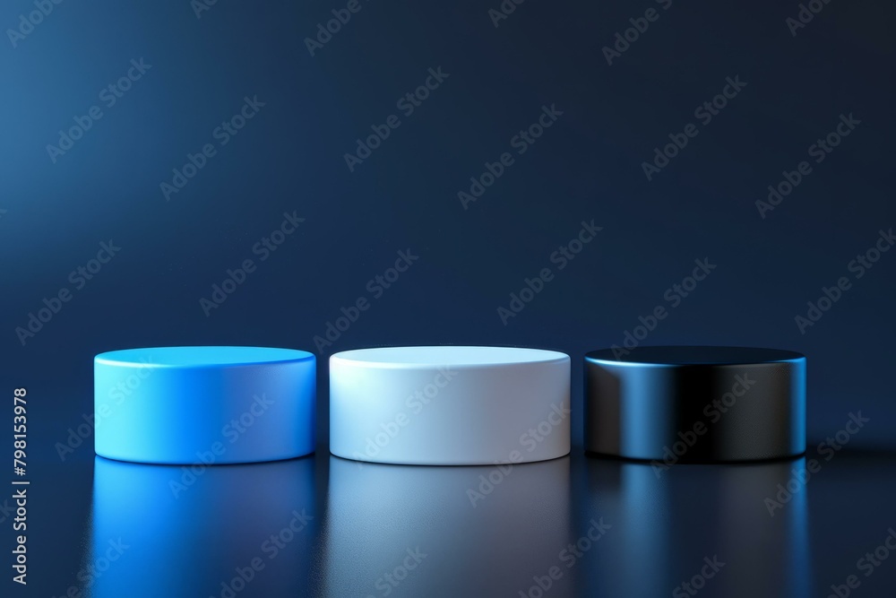b'Three podiums of different heights on a dark blue background' b'Three podiums of different heights on a dark blue background'