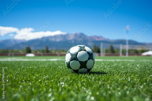 b'Close up of a soccer ball on a field with mountains in the distance'