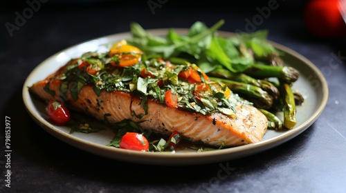 b Salmon with Salsa Verde and Asparagus 
