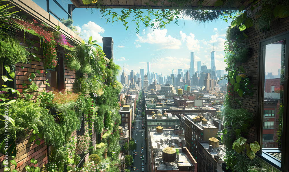 An open balcony with abundant greenery overlooking a bustling cityscape. Generate AI