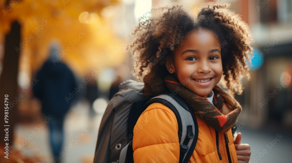 b'Portrait of a happy school girl with a backpack' b'Portrait of a happy school girl with a backpack'