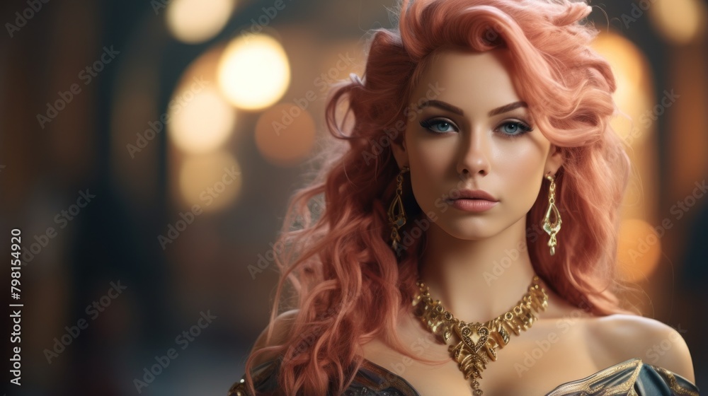 Fototapeta premium a woman with long pink hair and gold jewelry