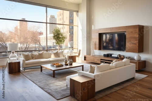 b Airy and bright living room with large windows and a wooden TV stand 
