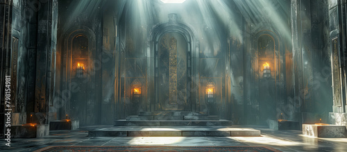 Sunlight streaming through the windows of a medieval cathedral interior - Mockup scene backdrop wallpaper photo