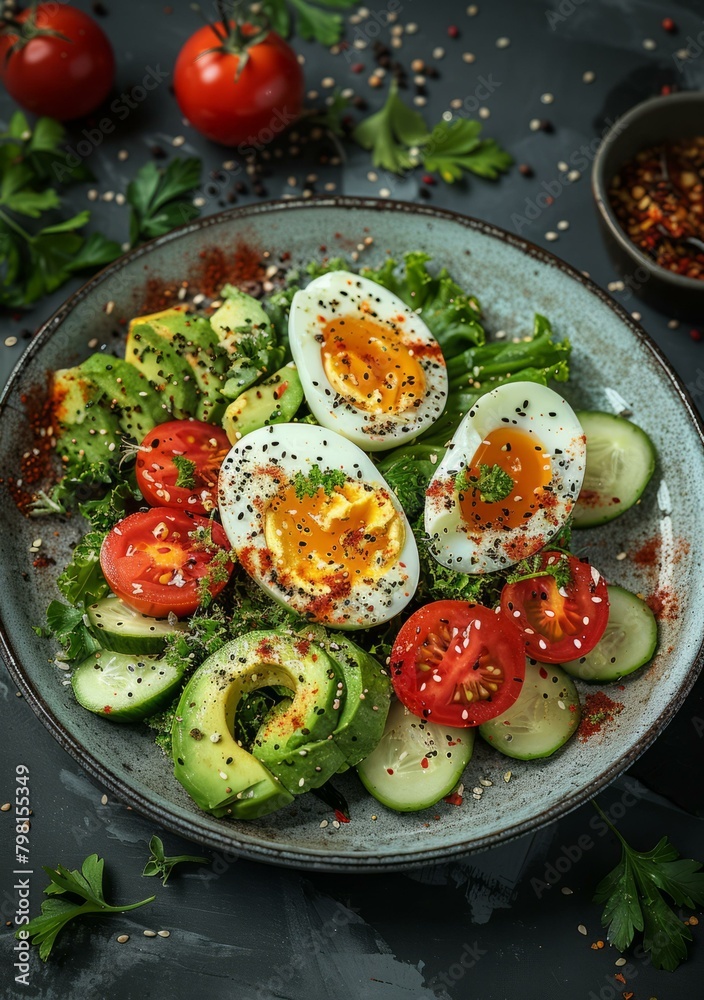 b'Healthy and tasty salad with avocado, tomato, cucumber and boiled egg'