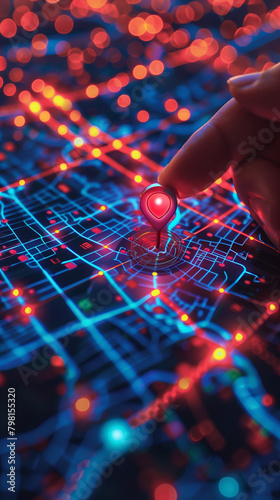 digital pin is placed by hand on a digital map, concept of a location system, created with generative AI technology